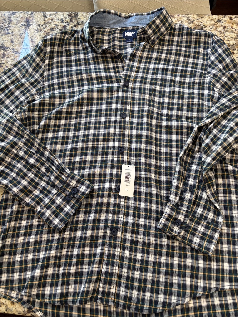 Lands' End Men's Navy, Green and Cream Plaid Button-Down Shirt